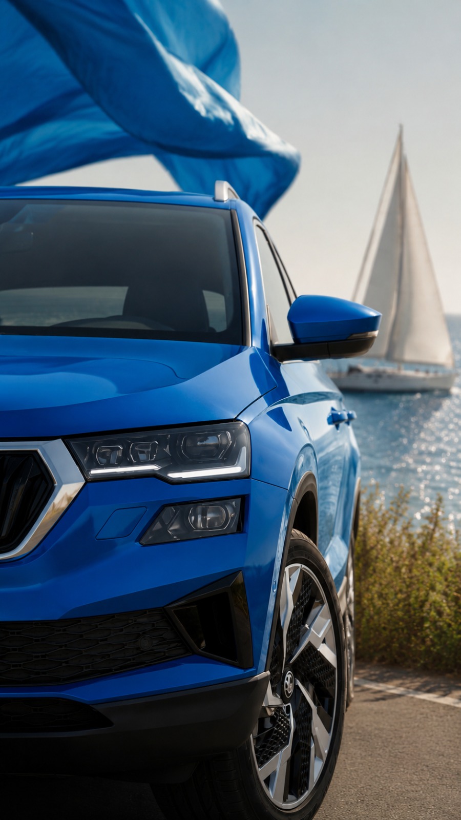 Škoda Karoq in blue on the coastal road